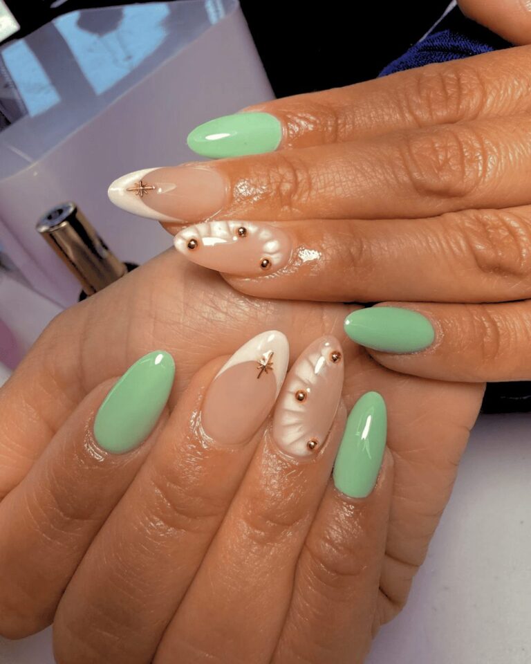 Sage green almond nails at Q Nails Calgary Trail south Edmonton